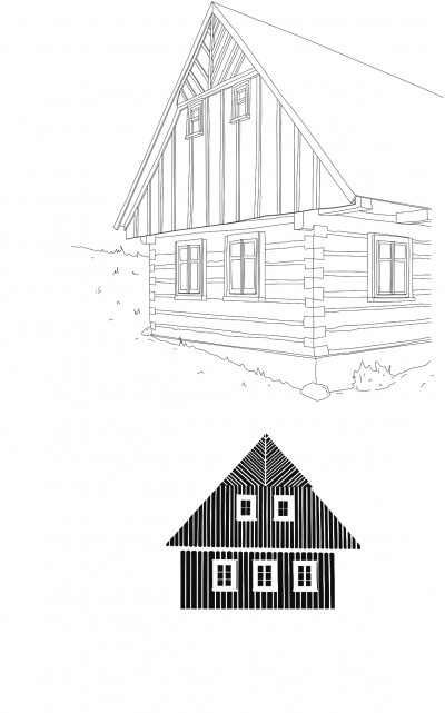 Nahoře fasáda roubeného domu slezského pohraničí, dole ilustrace ochrany roubení deštěním.